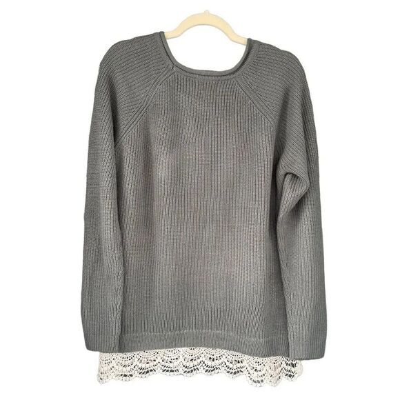 0876 Hippie Rose Gray Cable Crochet Knit Sweater Size Large - Picture 3 of 7